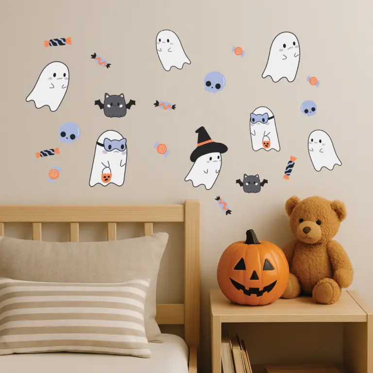 Spookjes muurstickers geplakt boven een bed