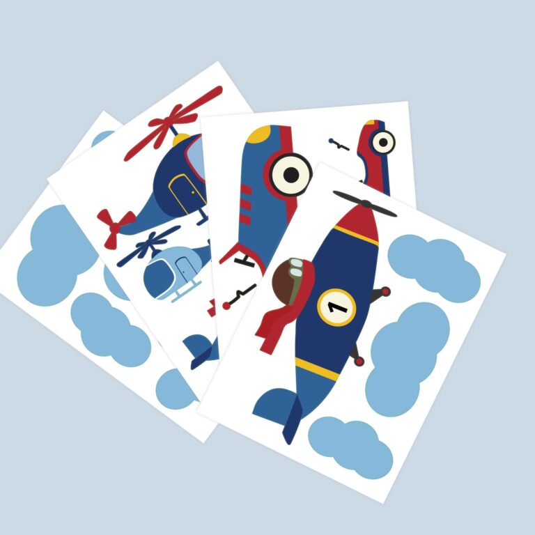 Retro-voertuigen-muurstickers met vliegtuigen en auto's