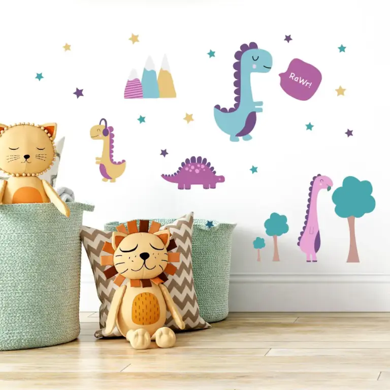 Rosa dinosaurus muurstickers in de kinderkamer