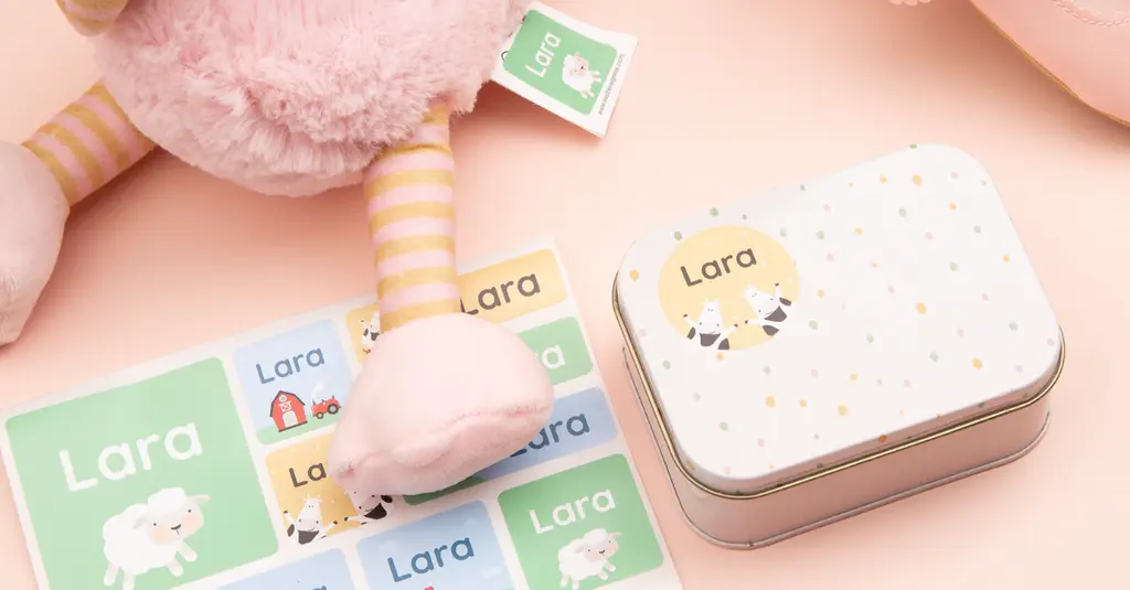 Personalized name labels featuring farm-themed illustrations