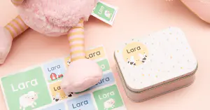 Personalized name labels featuring farm-themed illustrations