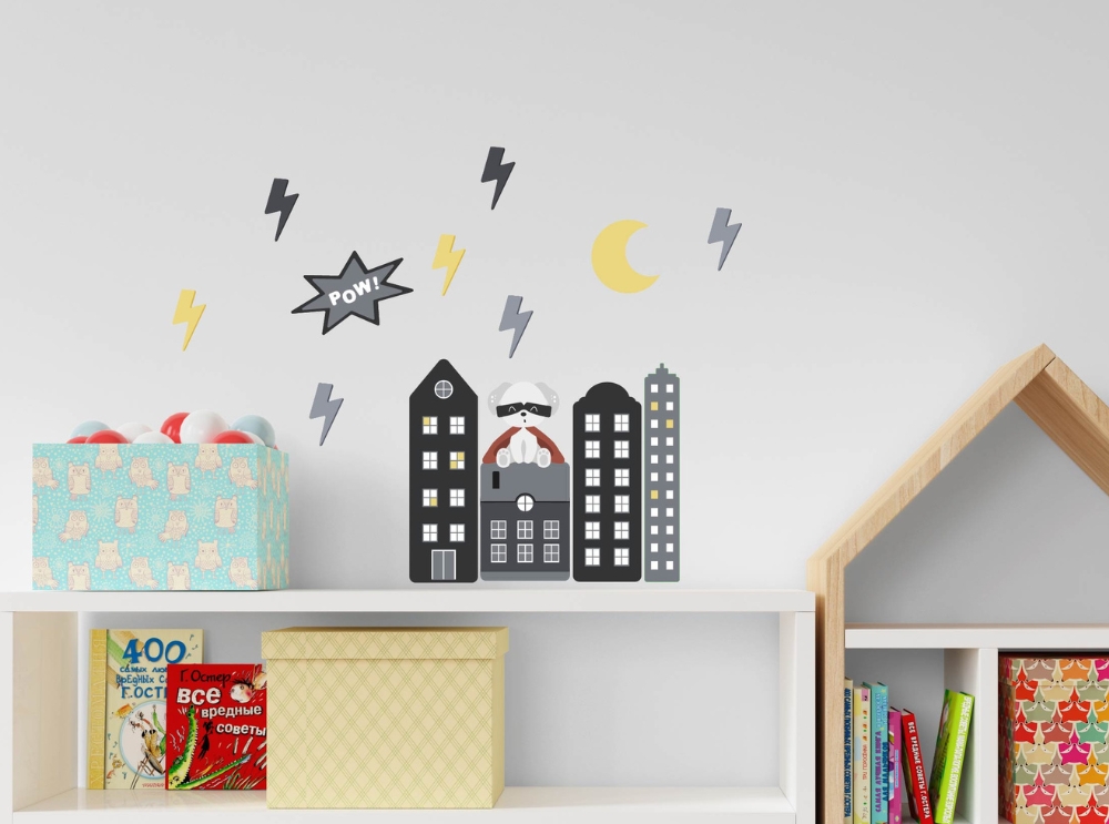 Van eenhoorns tot dinosaurussen: de 10 populairste muurstickers voor kinderen 5 Coole muurstickers met superheldenthema voor de kinderkamer, met stadsgezicht, bliksemschichten en een superheldenhond.