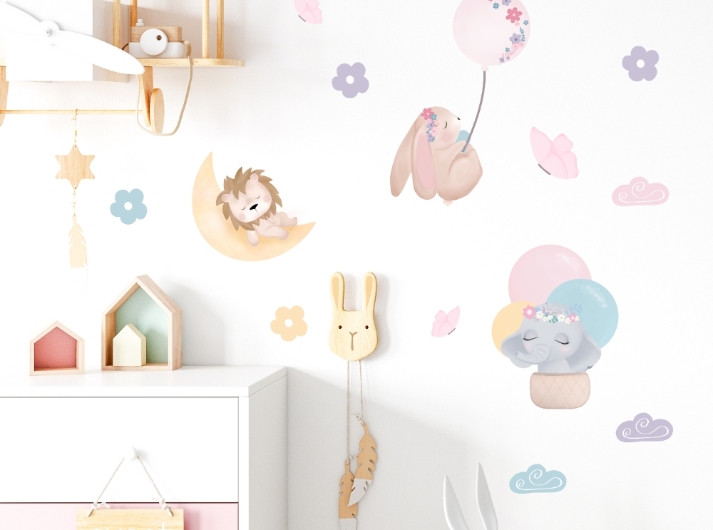 Van eenhoorns tot dinosaurussen: de 10 populairste muurstickers voor kinderen 9 Schattige muurstickers met dieren, ballonnen en wolken in zachte pasteltinten voor de kinderkamer.