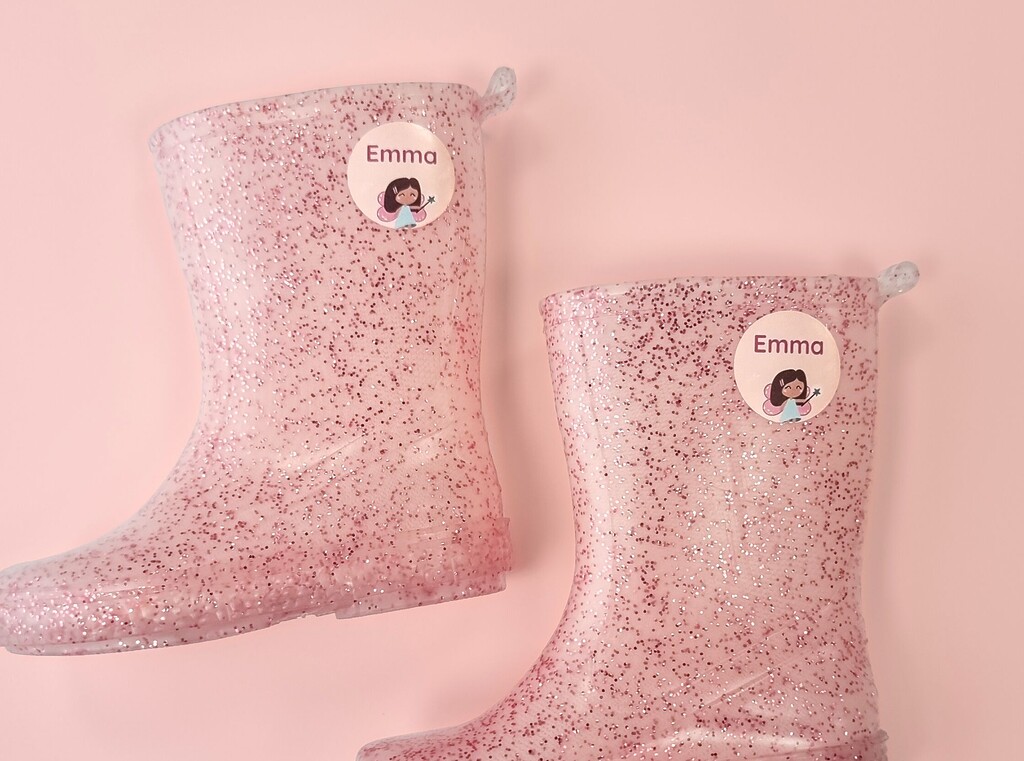 Glitter roze regenlaarzen met gepersonaliseerde naamlabels
