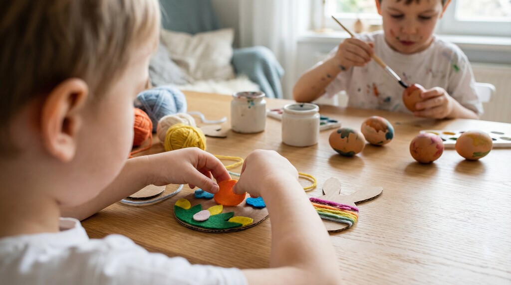 Kinderen knutselen paasdecoraties aan een tafel