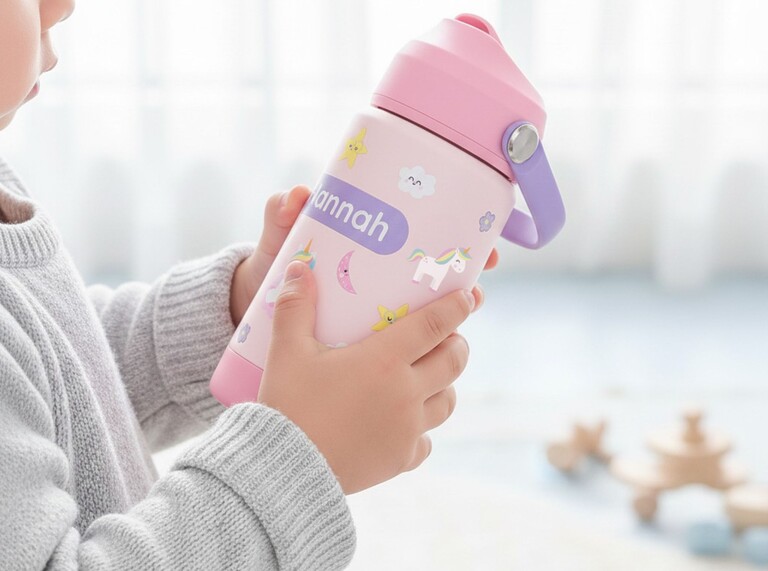 Broodtrommel en drinkfles voor kinderen – Eeen kind die vasthoudt en roze drinkfles met naam en eenhoorndesign.
