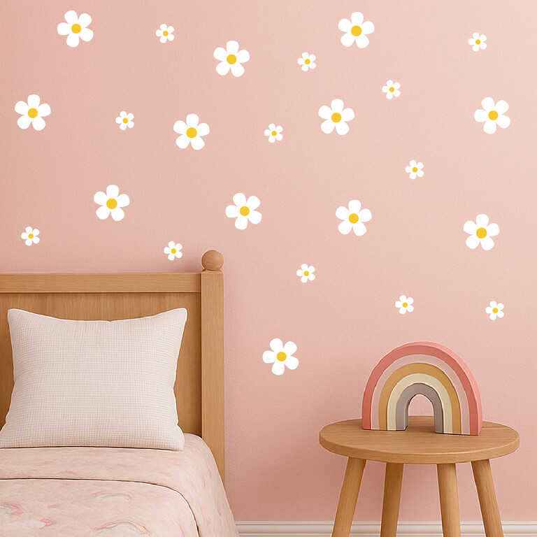 Daisy (wit) muurstickers die boven een bed geplakt zijn