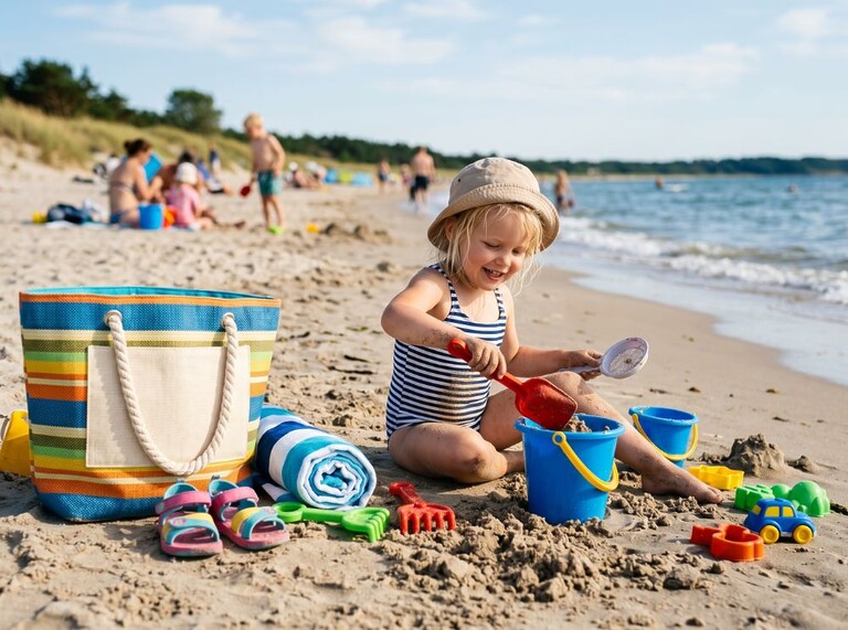 Kind speelt met emmer en schep op het strand