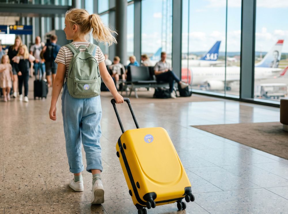 Kind met rugzak en koffer met gepersonaliseerde naamstickers op een luchthaven