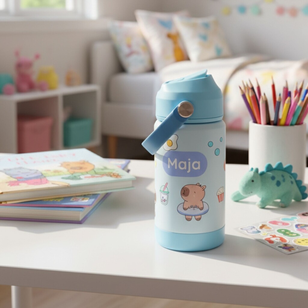 Gepersonaliseerde kinderfles met de naam maja op een bureau