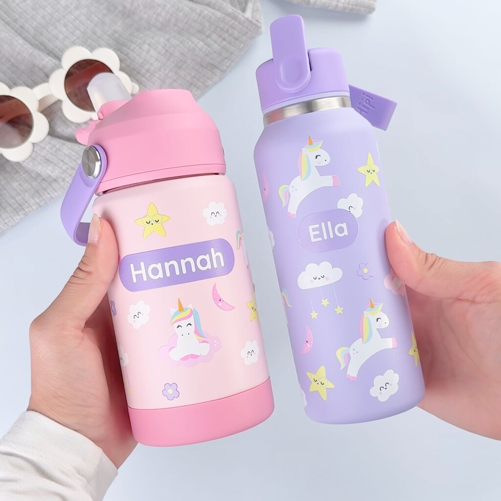 Gepersonaliseerde kinderfles en drinkfles met eenhoornmotief en de namen Hannah en Ella