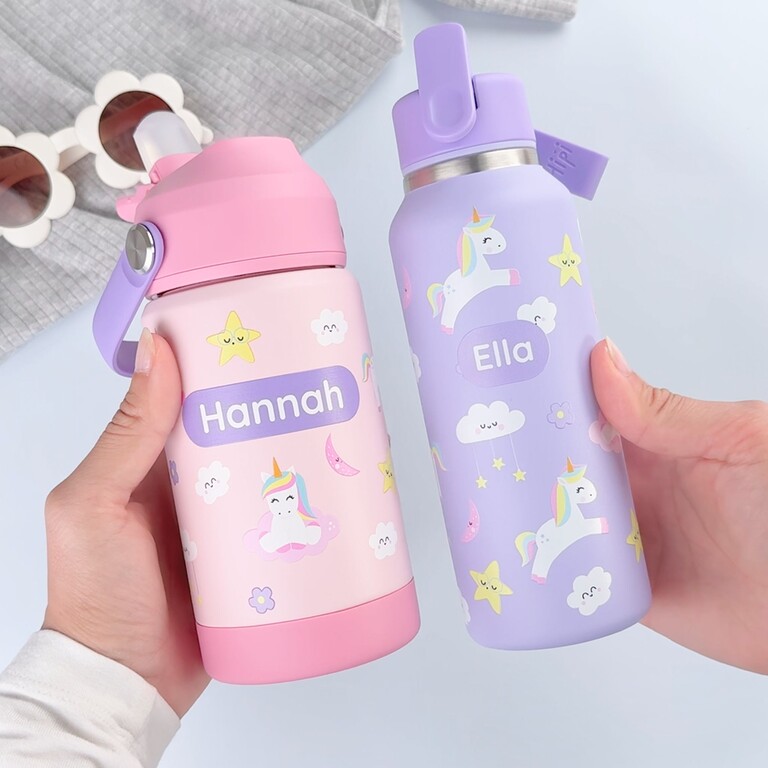 Gepersonaliseerde kinderfles en drinkfles met eenhoornmotief en de namen Hannah en Ella