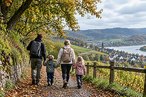 Gezin met twee kinderen geniet van herfstuitjes en wandelt over een herfstpad met uitzicht over een vallei.