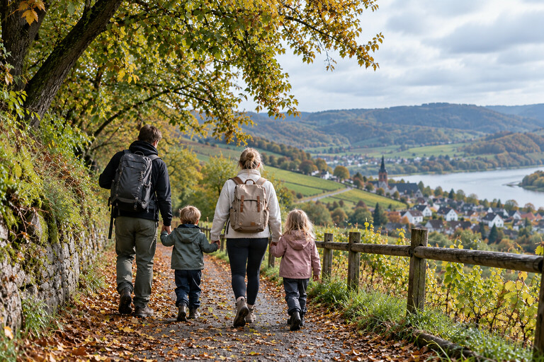 Gezin met twee kinderen geniet van herfstuitjes en wandelt over een herfstpad met uitzicht over een vallei.