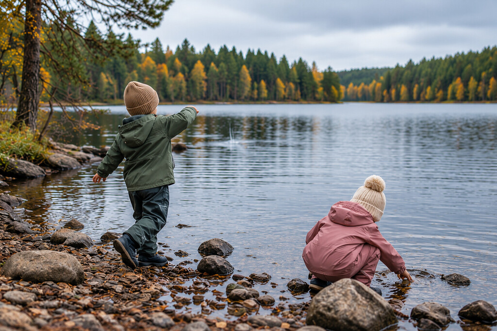 Twee kinderen spelen aan de oever van een meer, omringd door herfstbos