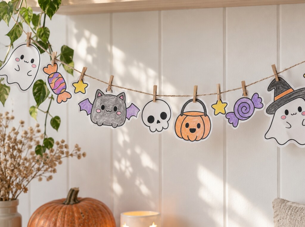 Een zelfgemaakte papieren halloweenslinger met ingekleurde spookjes, vleermuizen en snoepjes aan een touwtje