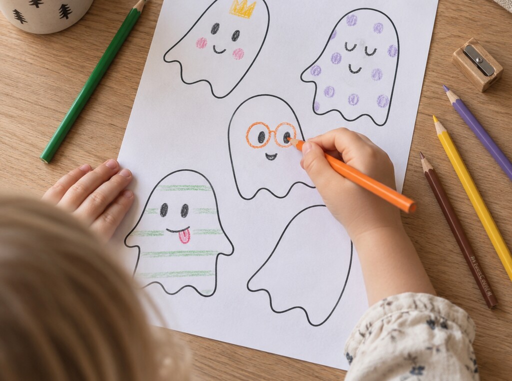 Halloween knutselen met kinderen: gratis platen om te printen 1 Een kind kleurt lege spookjes in op een halloweenknutselblad
