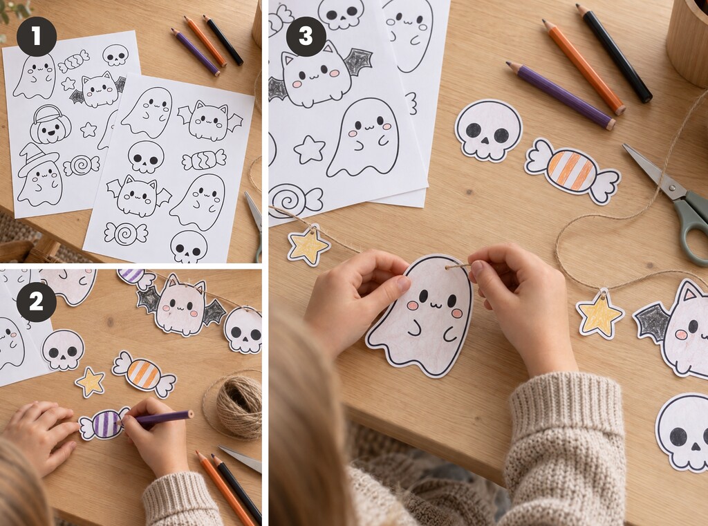 Halloween knutselen met kinderen: gratis platen om te printen 3 Drie foto’s van een kind dat papieren spookjes, snoepjes en vleermuizen inkleurt, uitknipt en aan een touwtje hangt als halloweenslinger