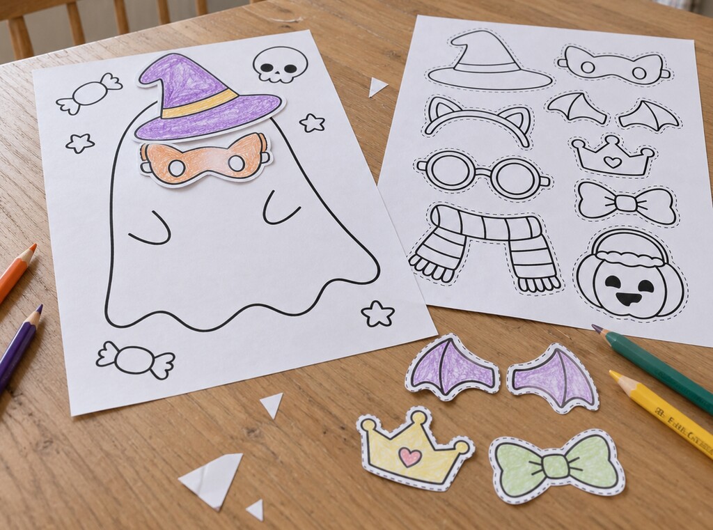 Halloween knutselen met kinderen: gratis platen om te printen 4 Twee halloweenknutselbladen om in te kleuren en uit te knippen: één met een groot spook en één met hoedjes en accessoires die kinderen erop kunnen plakken om het spook te verkleden
